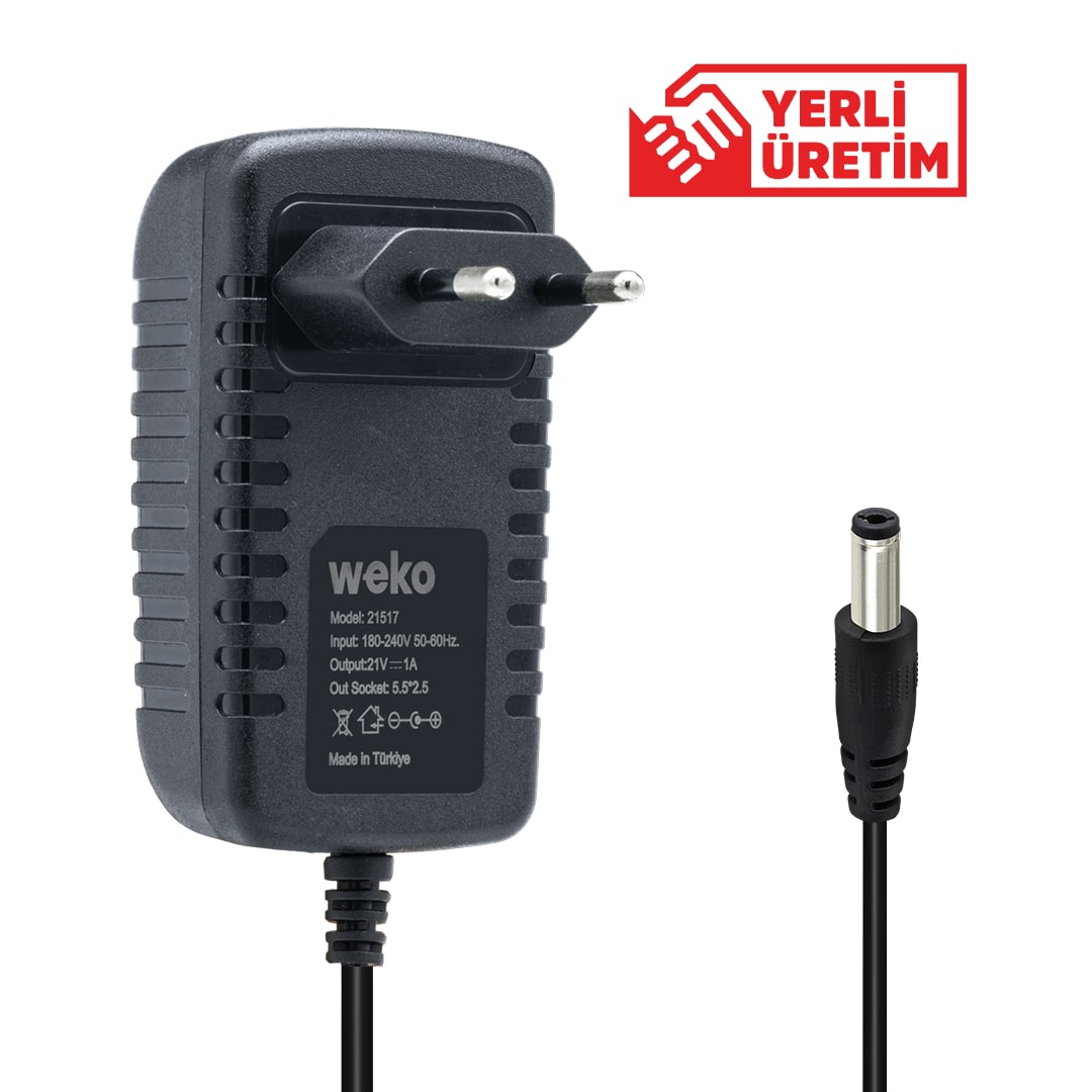 m0025-WEKO 21 VOLT - 1 AMPER 5.5*2.5 UÇLU KIRMIZI YEŞİL LEDLİ PRİZ TİPİ ŞARJLI MATKAP ADAPTÖRÜ